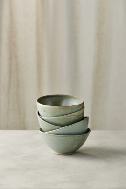 set of bowls with a semimatte green glaze
